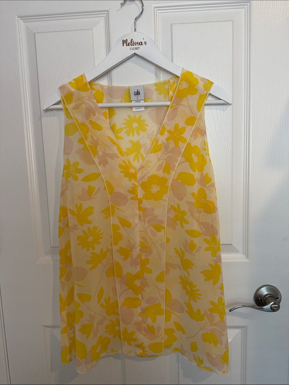 CAbi Yellow and Cream Floral V-Neck Sleeveless Blouse